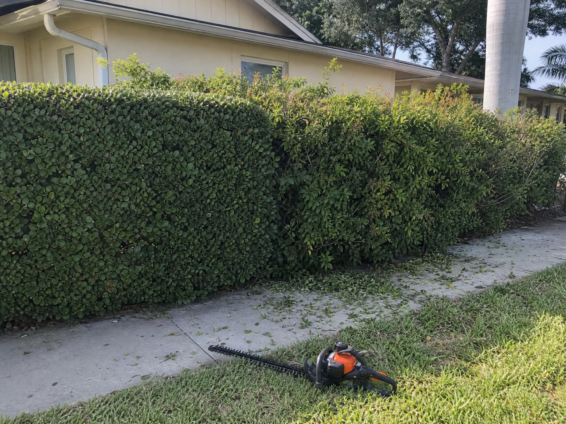 Half-trimmed viburnum hedge showing a crisp trimmed line in a Florida front yard
